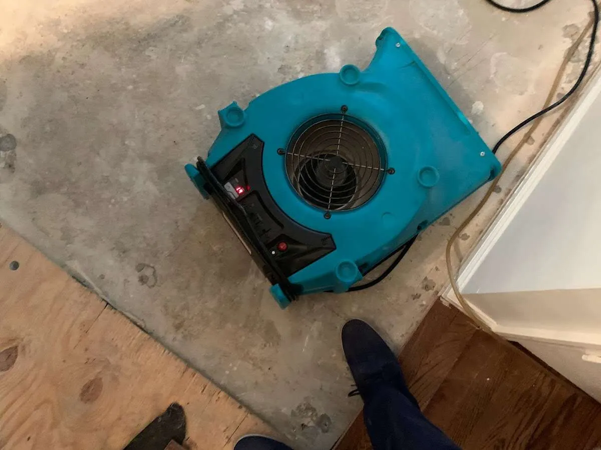 Air mover drying subfloor during Leak Detection & Repair in Swarthmore